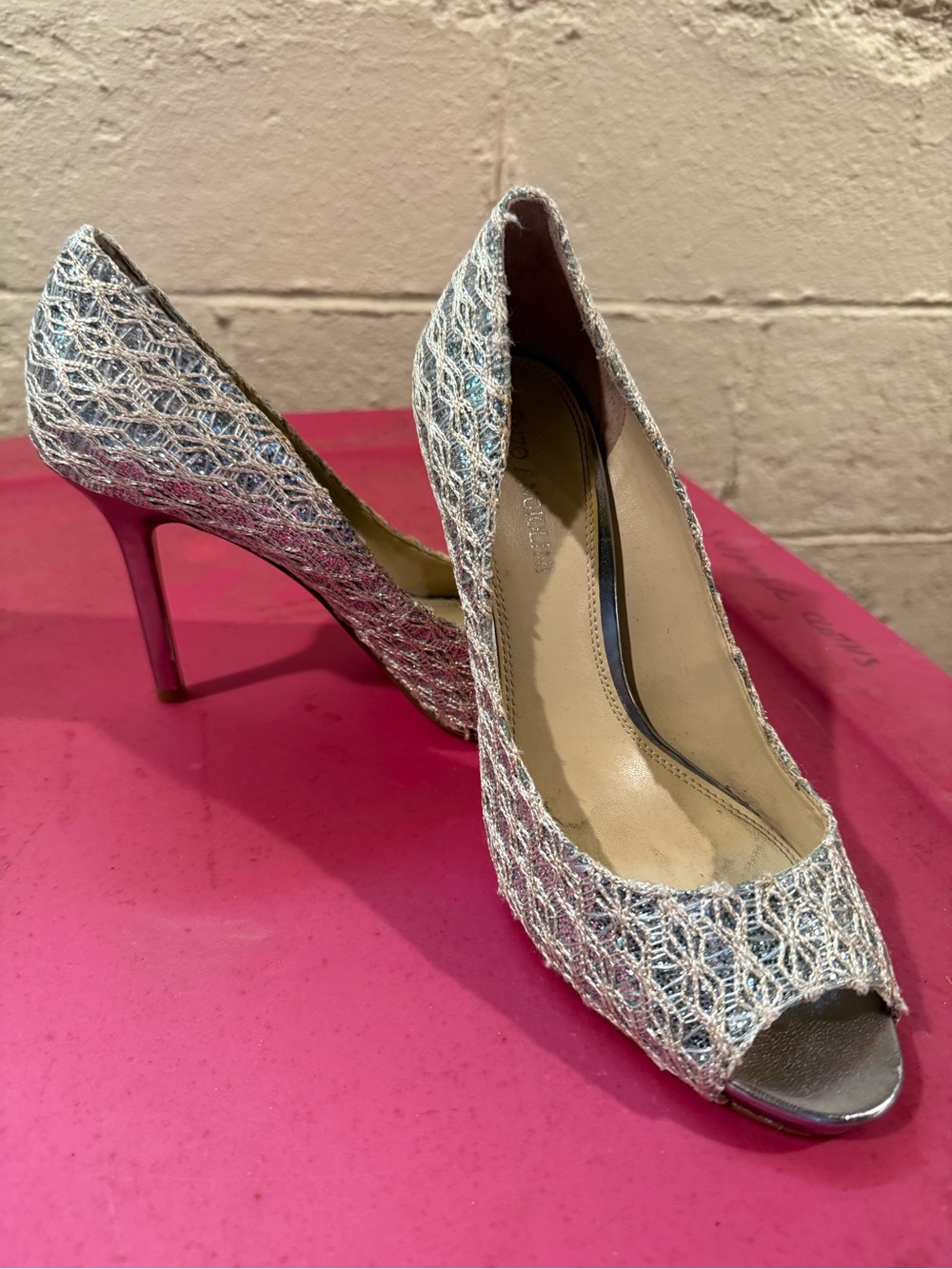 Enzo Angiolini Silver Lace Peep-Toe Heels